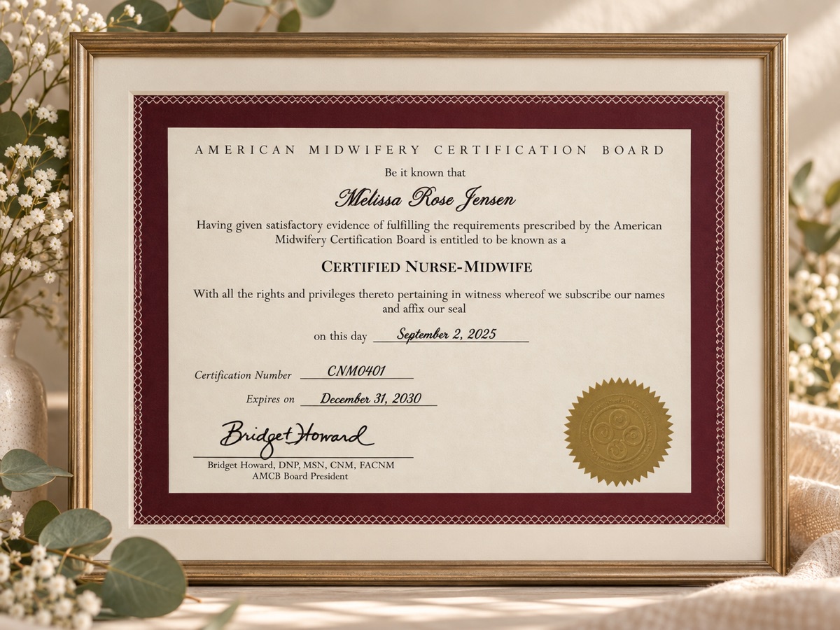 Framed American Midwifery Certification Board certificate naming Melissa Rose Jensen a Certified Nurse-Midwife.
