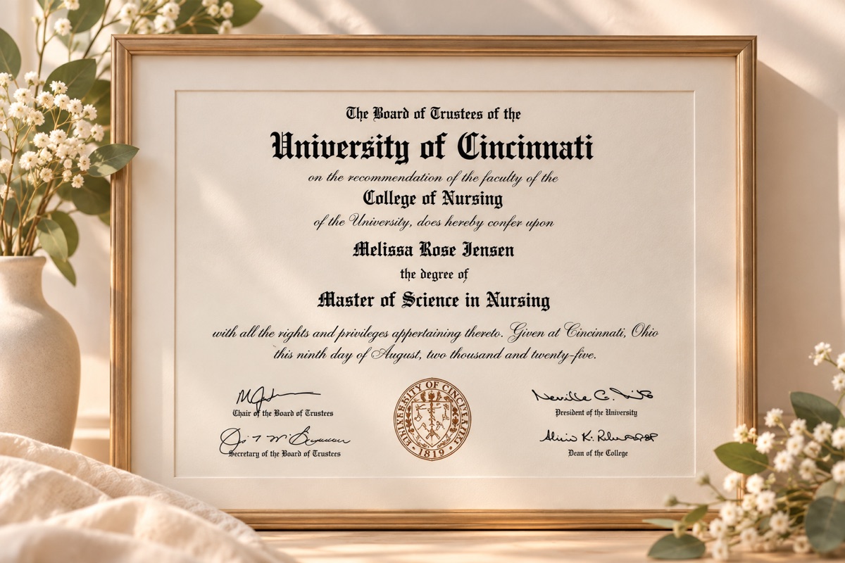 Framed University of Cincinnati diploma conferring the degree of Master of Science in Nursing on Melissa Rose Jensen.