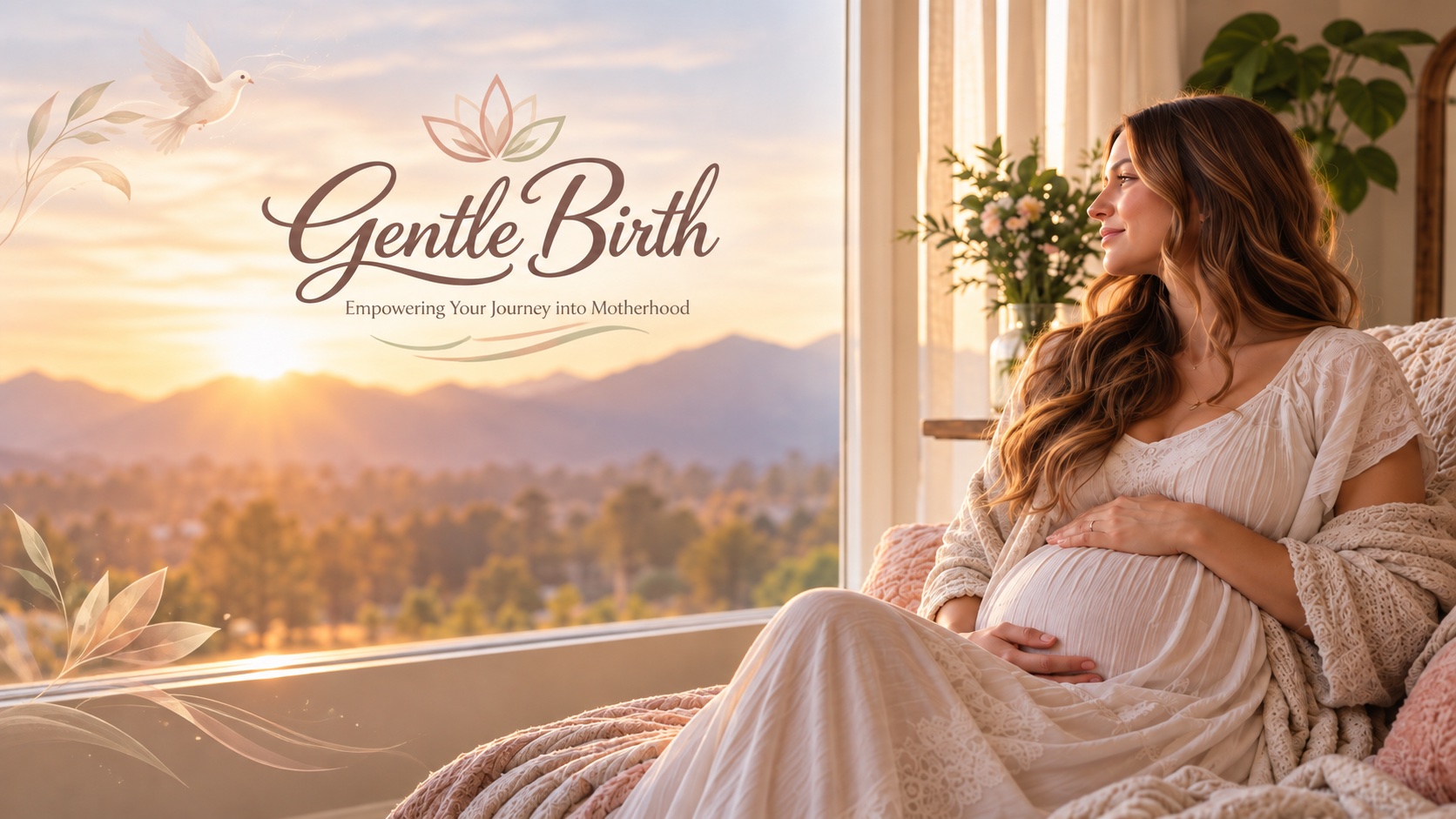Gentle Birth — Empowering Your Journey into Motherhood. An expectant mother rests by a window at sunset, cradling her belly.