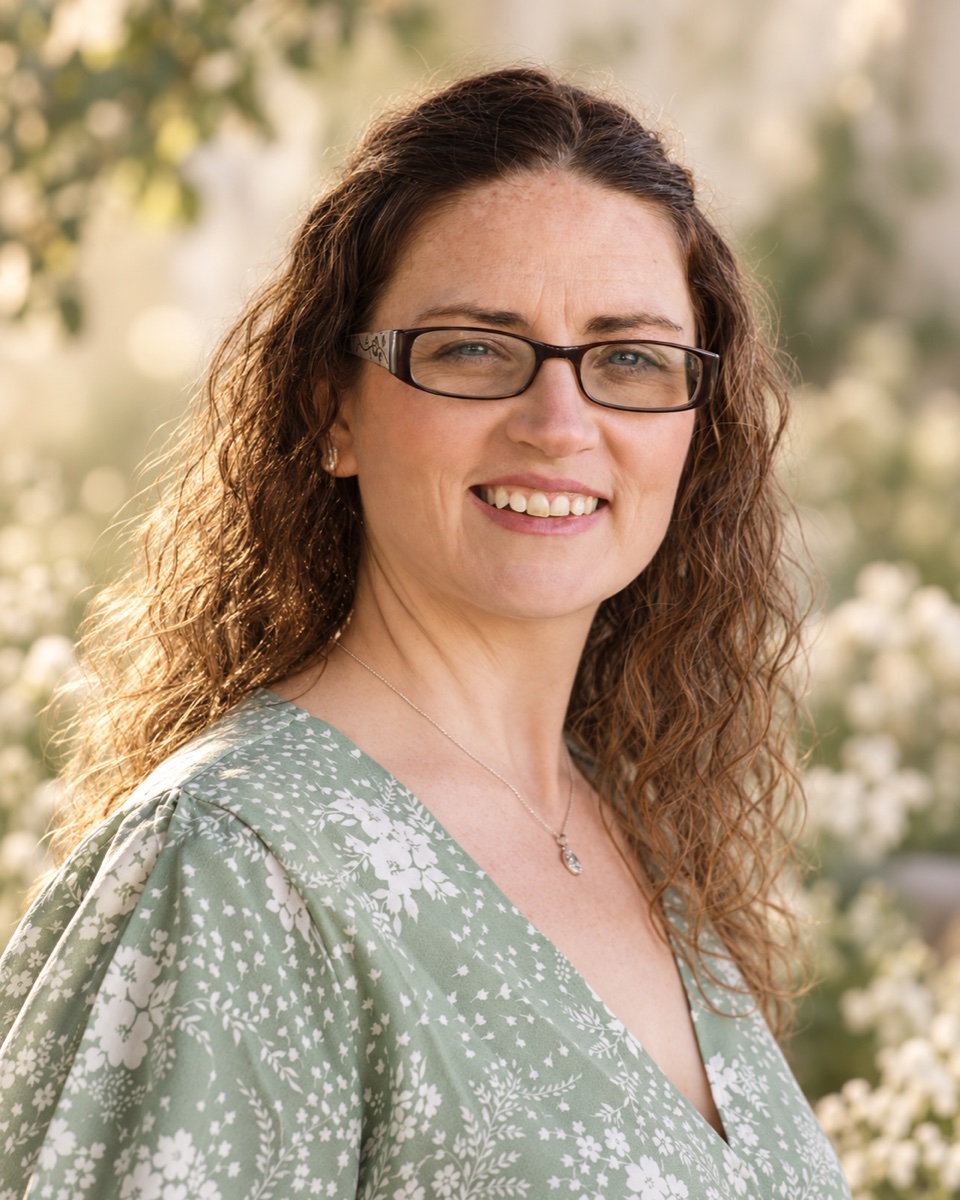 Portrait of Melissa Jensen, CNM, smiling outdoors among white flowers.